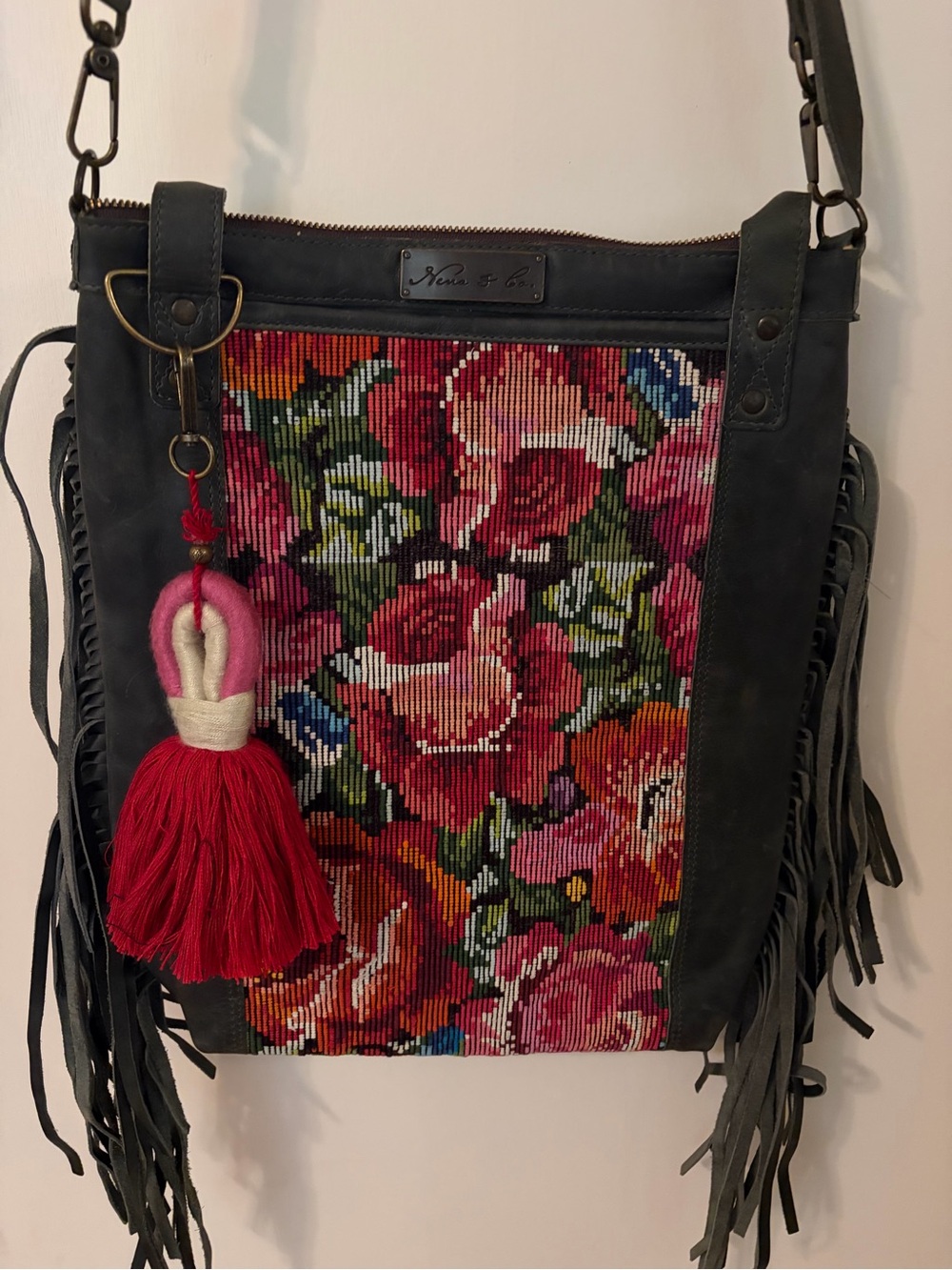 Nena & Co. Black Leather Fringe Crossbody with Red Floral Needlepoint